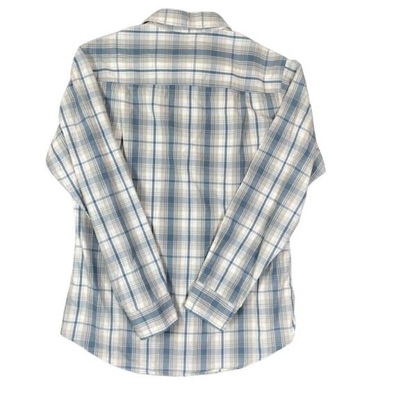Life Khaki Blue Gray Plaid Button Front Slim Fit Shirt Chest Pockets Size Medium - Picture 4 of 12